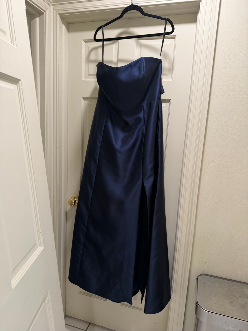 ALFRED SUNG Navy Satin Strapless Gown